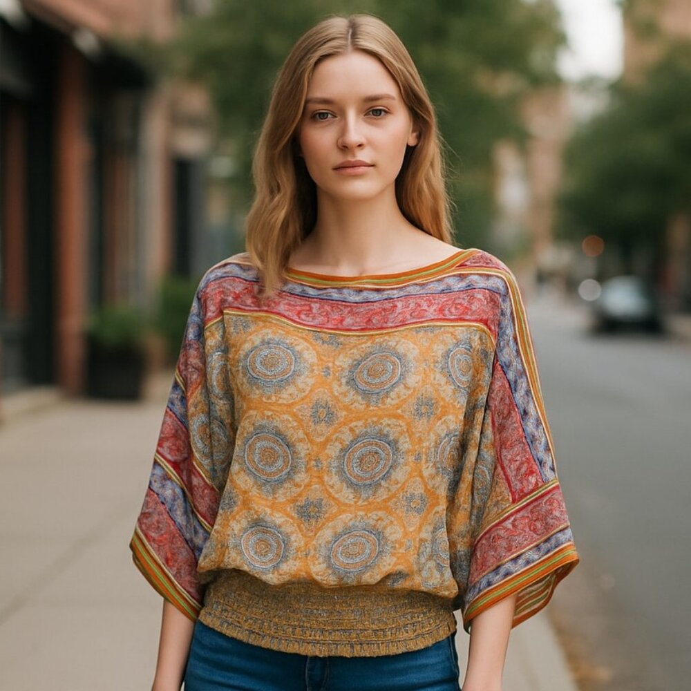 NWT Max Studio Women's Printed Flutter Sleeve Blouse XS Yellow Multicolor